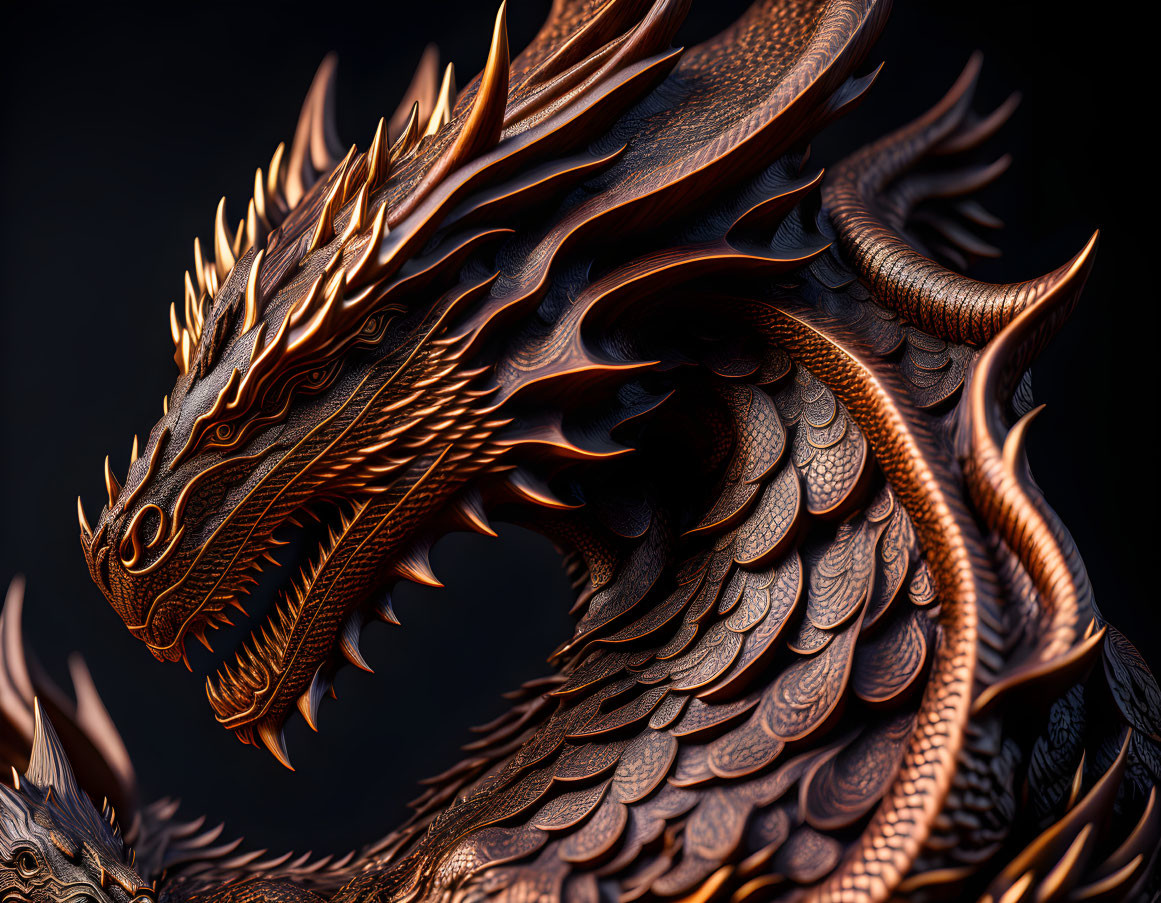 Detailed Fiery Dragon with Scales and Horns on Dark Background