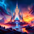 Luminous castle in vibrant fantasy landscape with twin moons