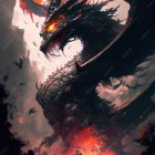 Person in cloak confronts giant dragon in fiery setting