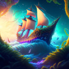 Colorful Illustration of Soaring Ship in Surreal Landscape