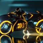 Futuristic motorcycle rider in neon-lit city at night