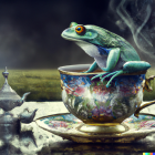 Colorful Frog on Ornate Teacup with Gold Patterns