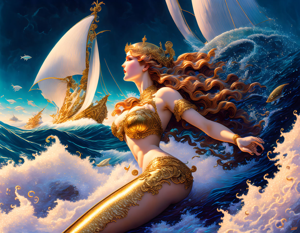 Mythic mermaid with flowing hair and golden armor on a rock by turbulent ocean