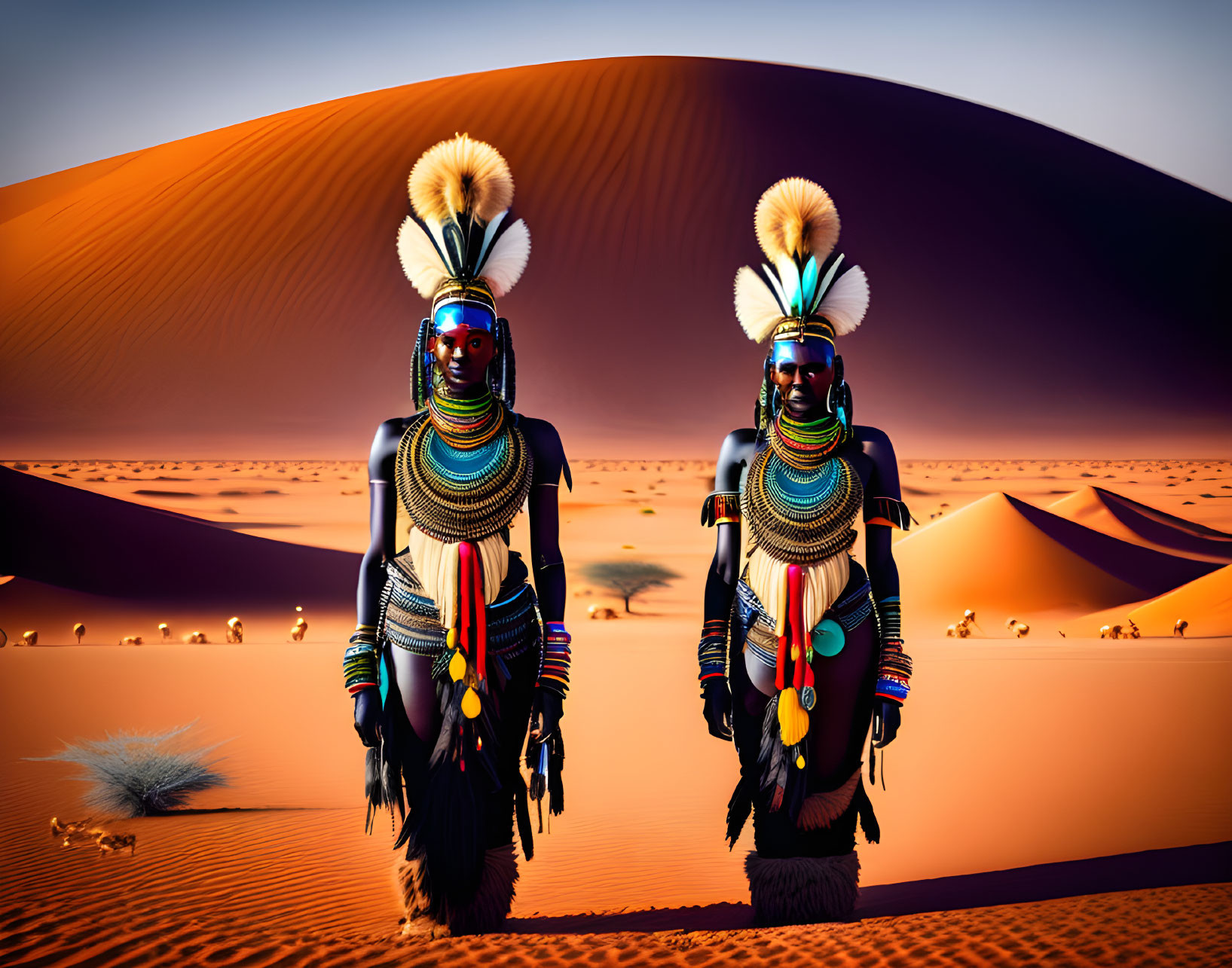 Two individuals in tribal attire in desert twilight.