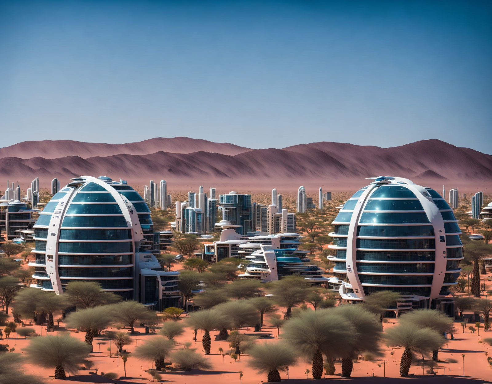 Futuristic oval-shaped skyscrapers in desert cityscape with palm trees