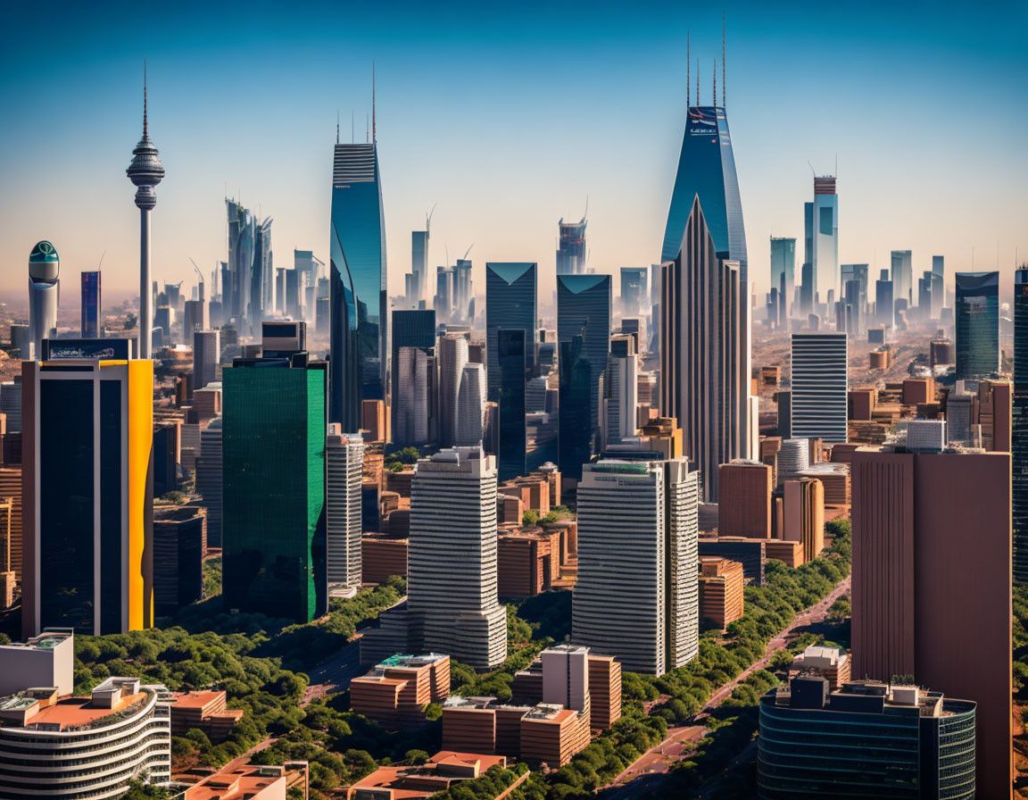 Modern city skyline with skyscrapers and unique architecture under clear blue sky