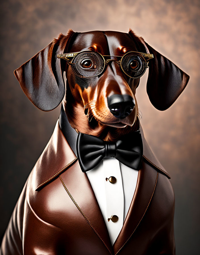 Digitally Rendered Dachshund in Tuxedo and Glasses on Brown Background