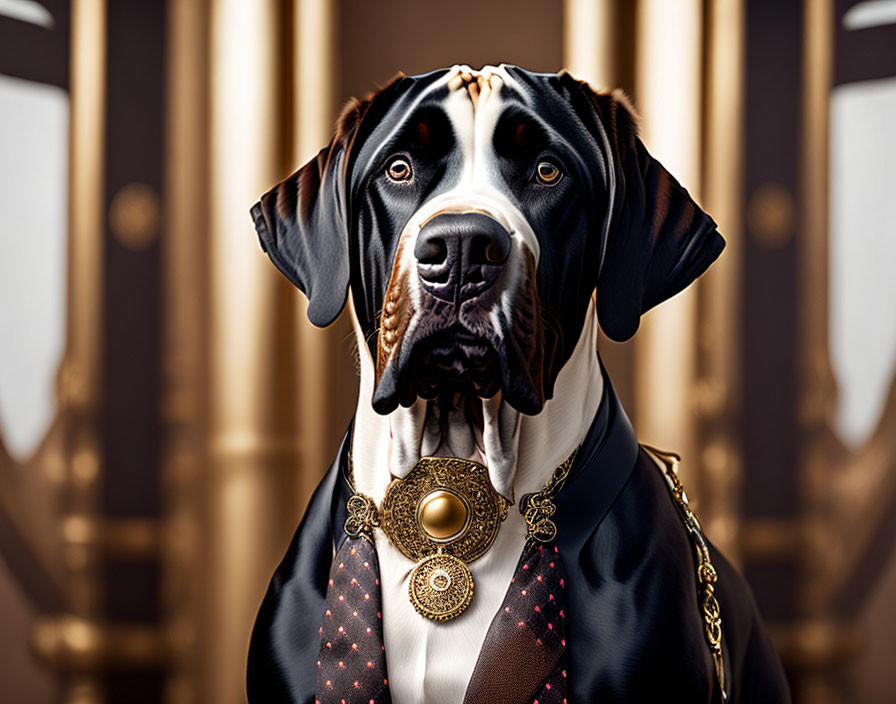 Regal Great Dane in suit and medallion against golden pillars