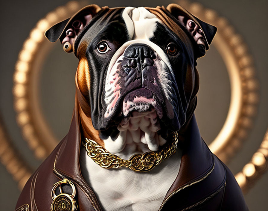 Stylized bulldog in leather jacket with gold chain and glowing rings