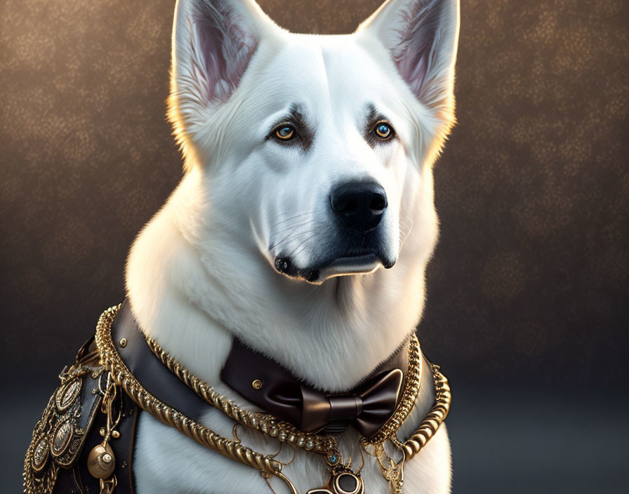 White Dog with Steampunk Collar and Harness on Dark Background