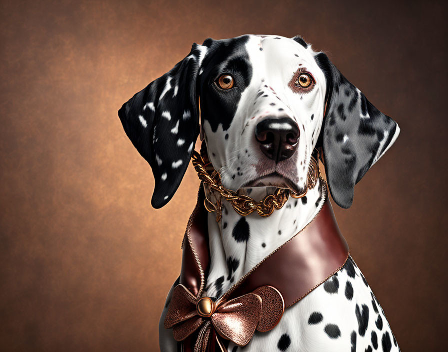 Dalmatian Dog with Golden Chain and Bronze Bow on Brown Background