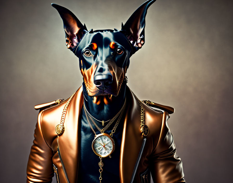 Doberman head on human body in stylish outfit on brown background