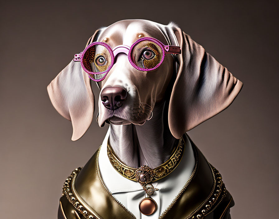 Stylized dog with human-like eyes in pink glasses on brown background