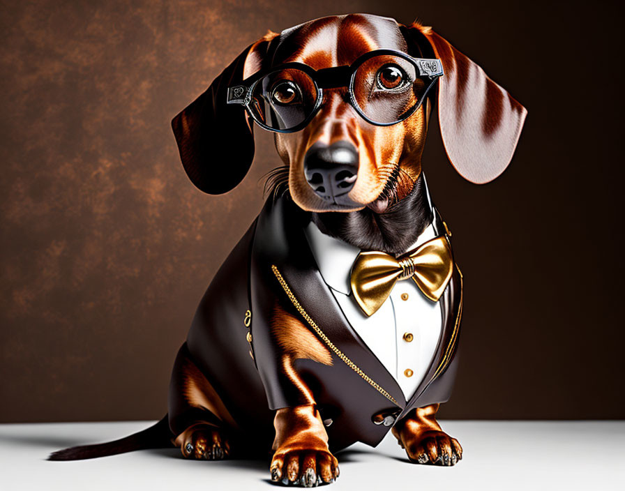 Dapper dachshund in black suit and bow tie with glasses on tan background