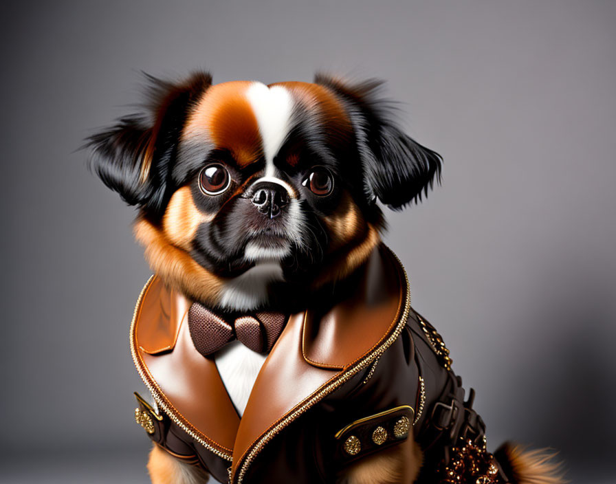 Dog with human-like features in leather jacket and bow tie