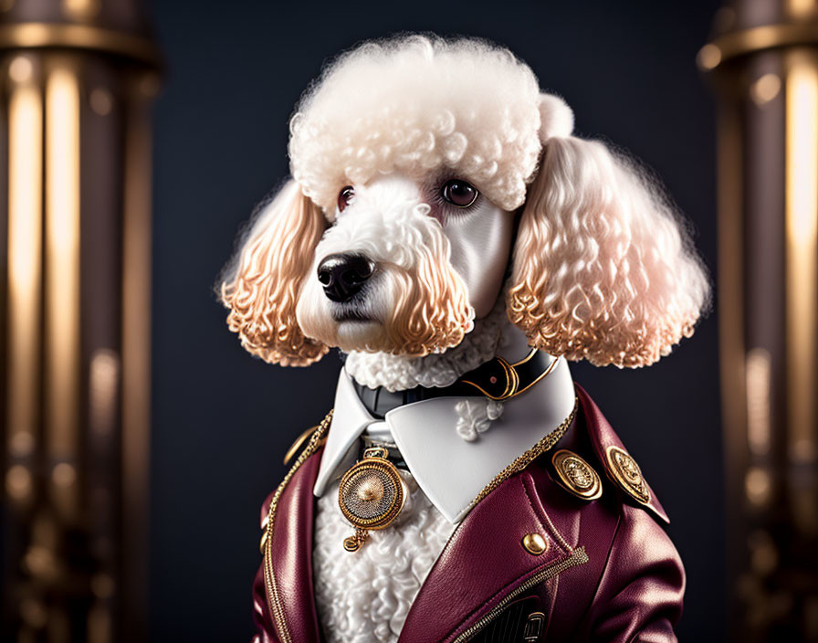 Sophisticated poodle in burgundy jacket with ruffled collar on ornate background