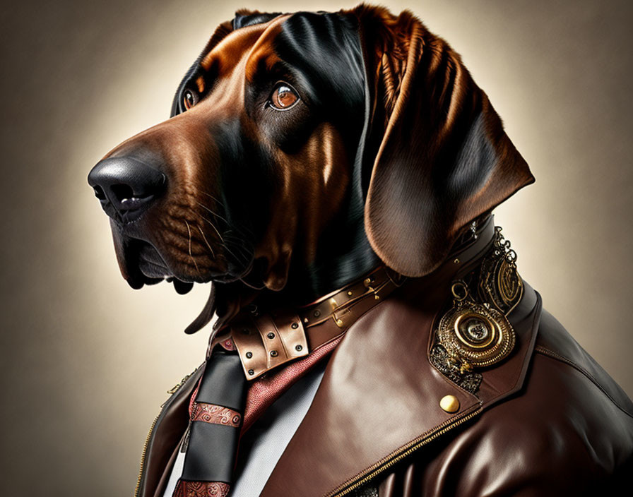 Detailed portrait of a dog in human-like clothing with leather jacket and classic adornments on beige background