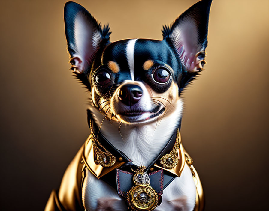 Chihuahua with stately expression in gold necklace on warm backdrop