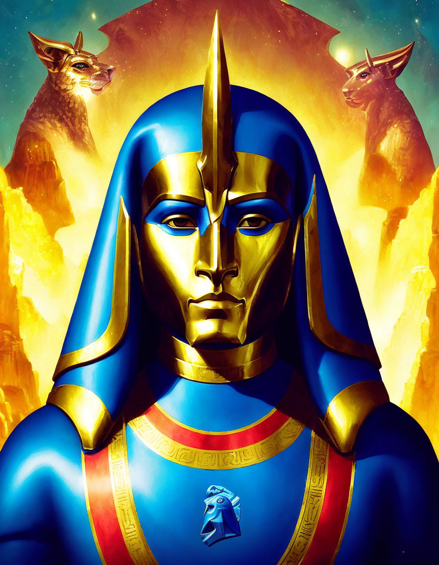 Egyptian-style humanoid figure with golden and blue headdress and animals on fiery backdrop