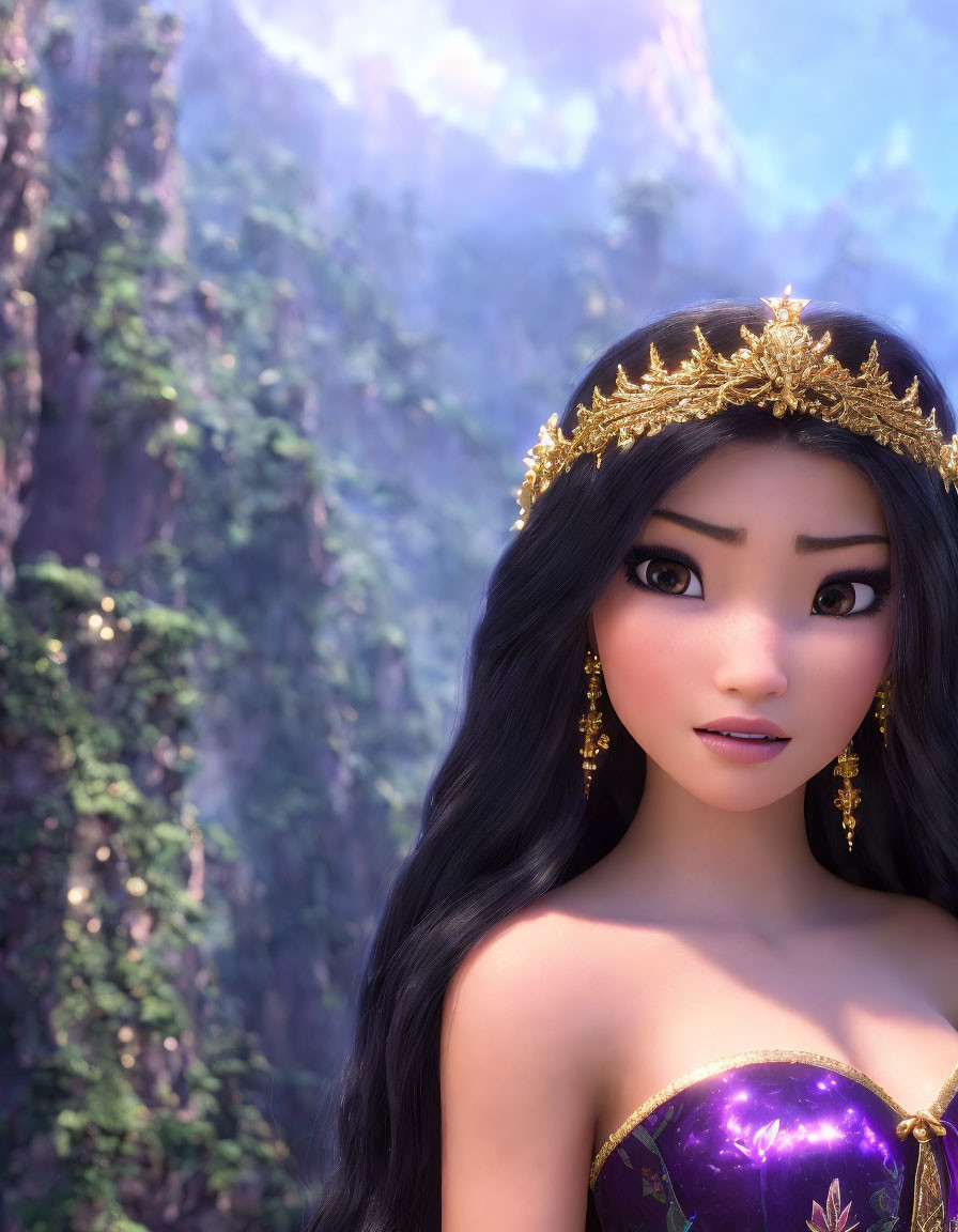 Animated character with long black hair, crown, big eyes, purple dress in forest