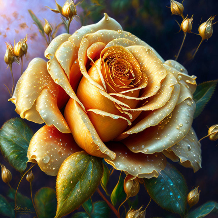 Detailed painting of golden rose with dewdrops, buds, and leaves on dark background