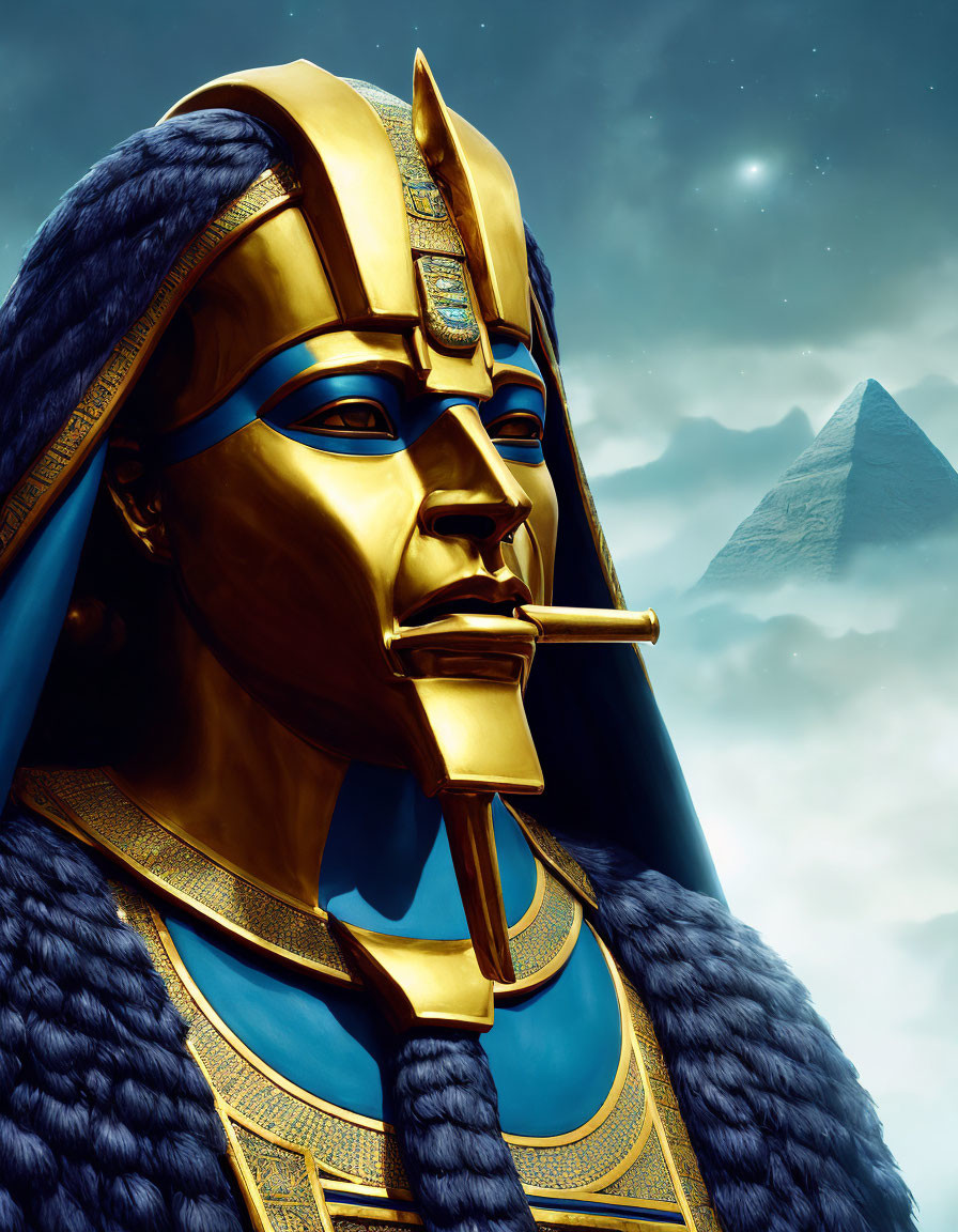 Digital Artwork: Pharaoh with Egyptian Headdress and Pyramid Background