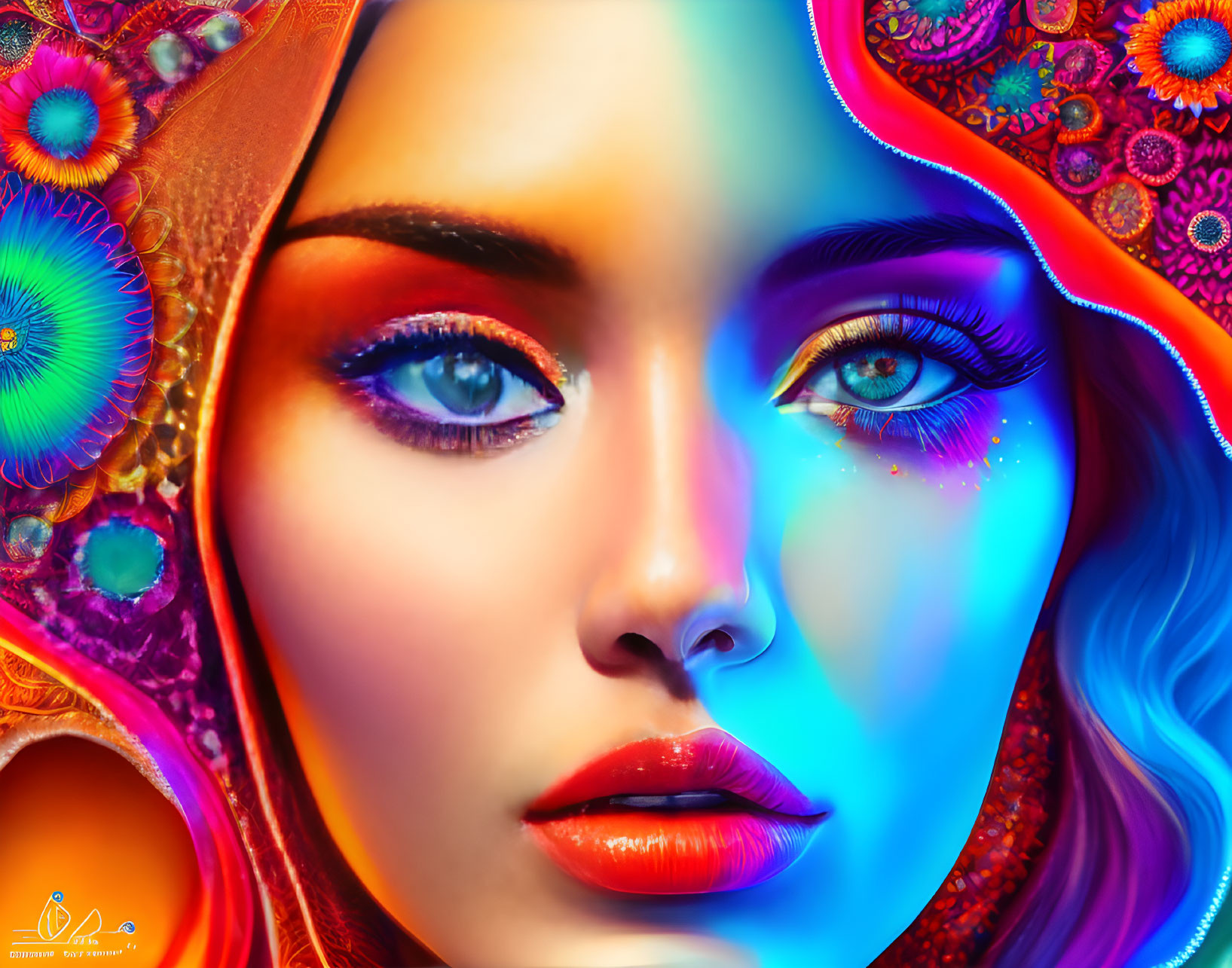 Colorful digital artwork: Woman with intense blue eyes and intricate patterns