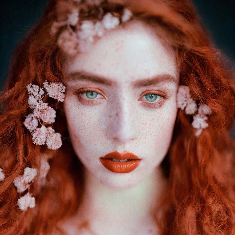 Portrait of a person with green eyes, red hair, freckles, and flowers, emitting a