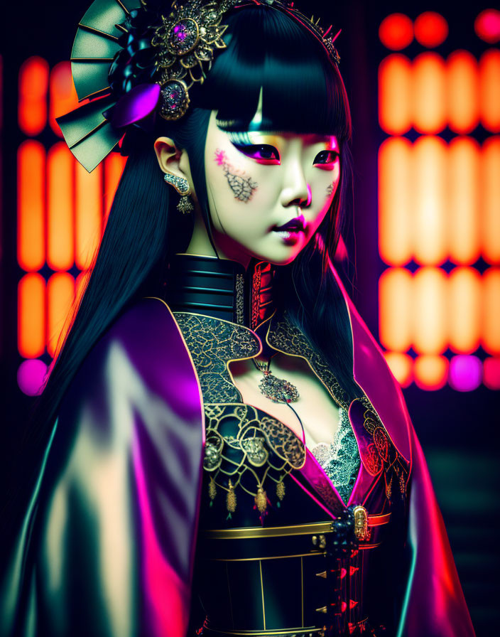 Digital portrait of woman in gothic attire with intricate makeup on neon-lit backdrop