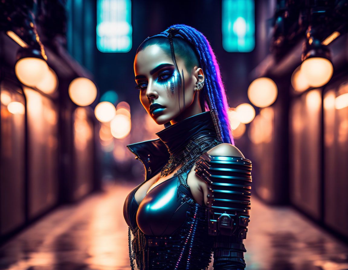 Futuristic cyberpunk woman with purple braided hair in neon-lit corridor