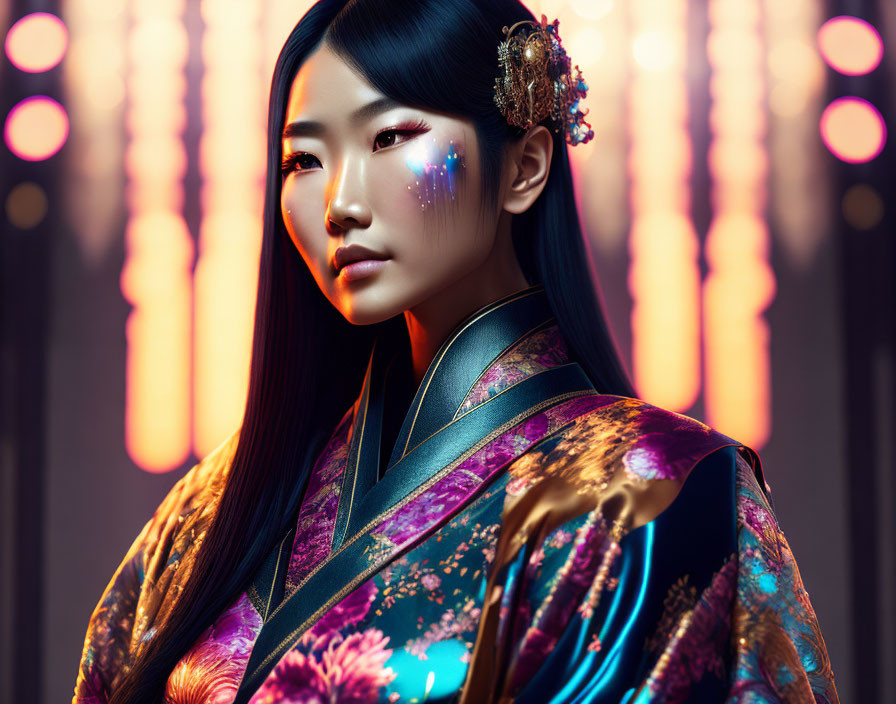 Woman in starry sky hairpiece and floral kimono under neon lights