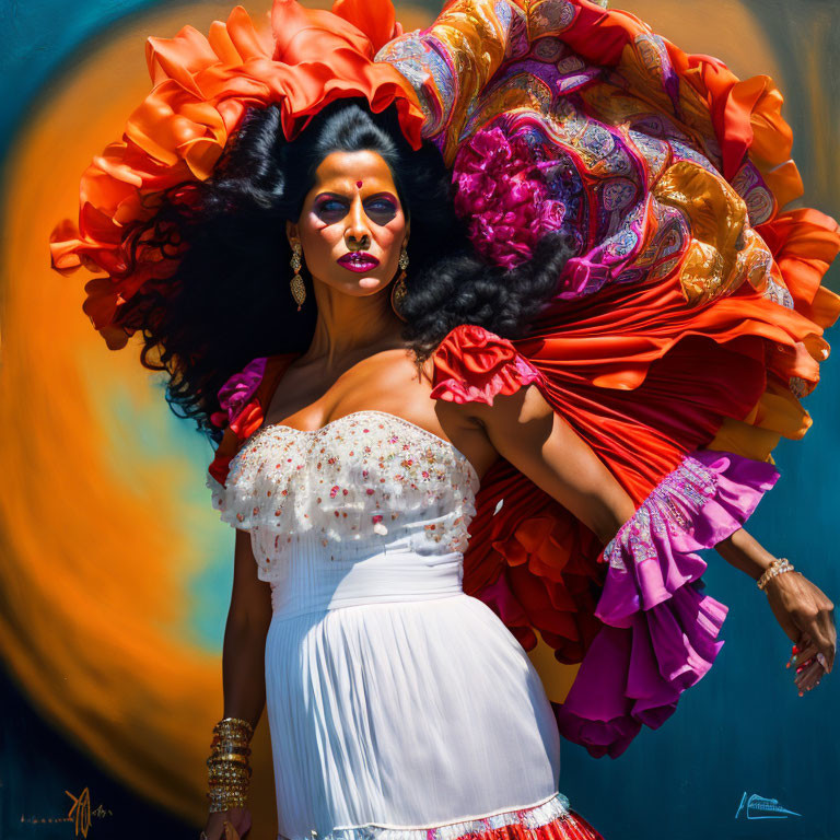 Woman with dramatic makeup and vibrant orange headpiece in white dress on blue background