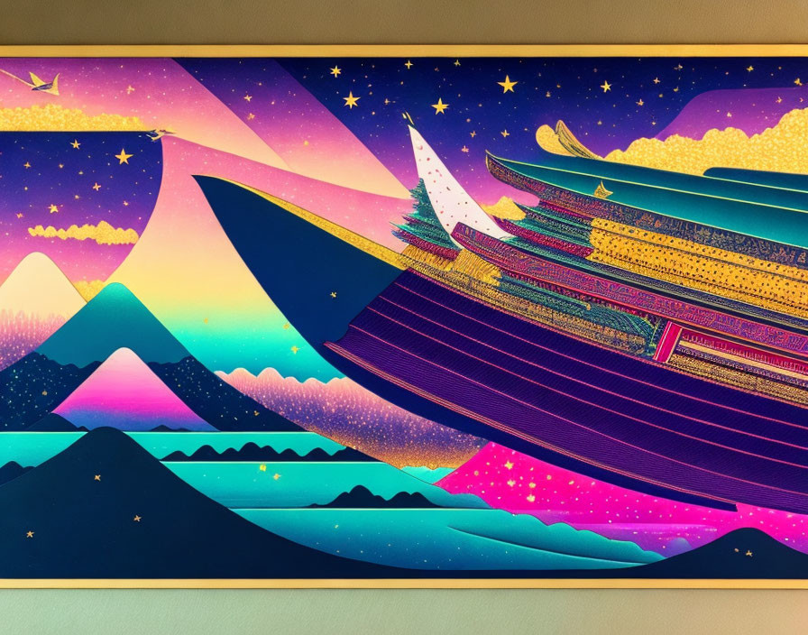 Colorful Landscape Painting with Mountains, Pine Tree, Boat, and Starry Sky