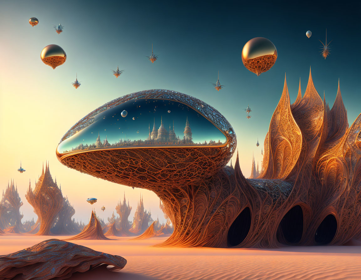 Futuristic landscape with floating orbs and domed building