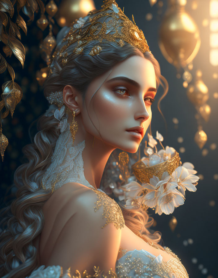 Fantasy-themed illustration of a woman with golden crown and intricate hairstyle surrounded by glowing orbs and white flowers