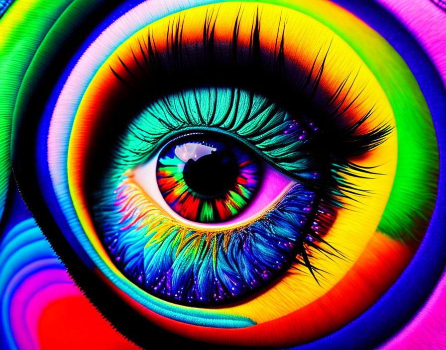 Colorful Eye with Rainbow Circles: A striking visual of concentric circles around the pupil.