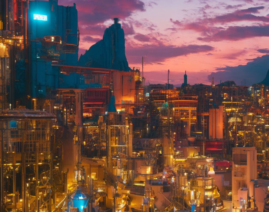 Industrial complex with illuminated structures against mountain backdrop at dusk