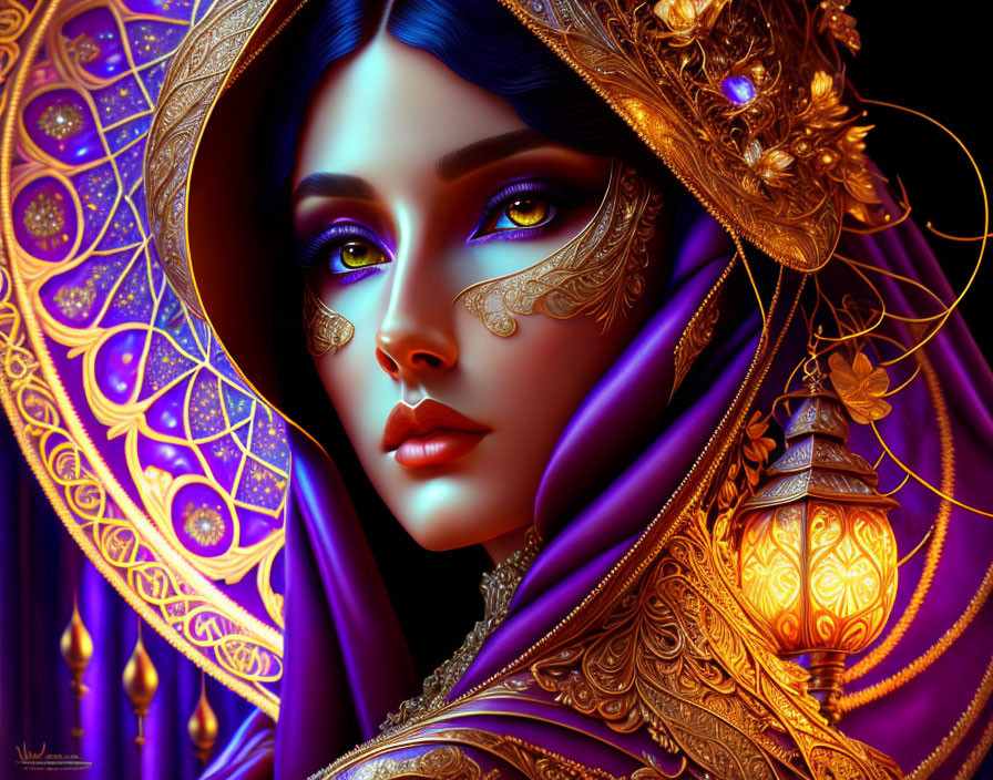 Vibrant digital artwork of a woman in purple and gold attire with blue eyes