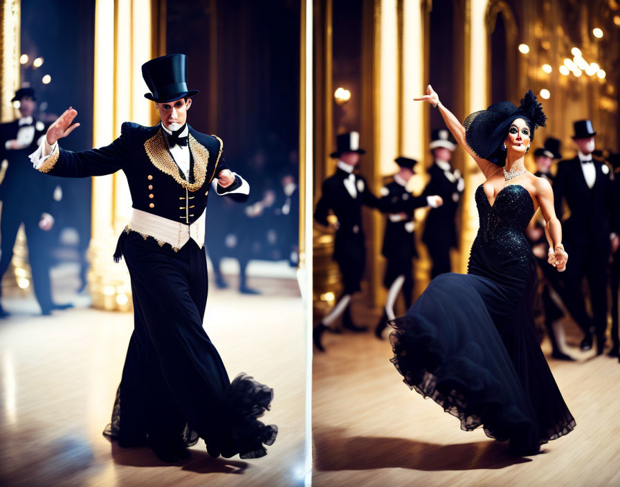 Elegant couple in formal attire dancing in luxurious ballroom