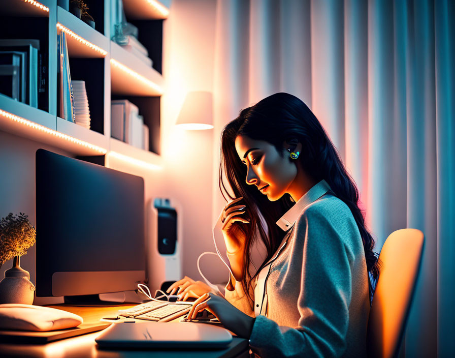 Woman working at home office desk at night with computer screen and soft lighting