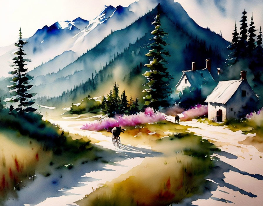 Scenic mountain landscape watercolor painting with cabin, trees, and figure walking