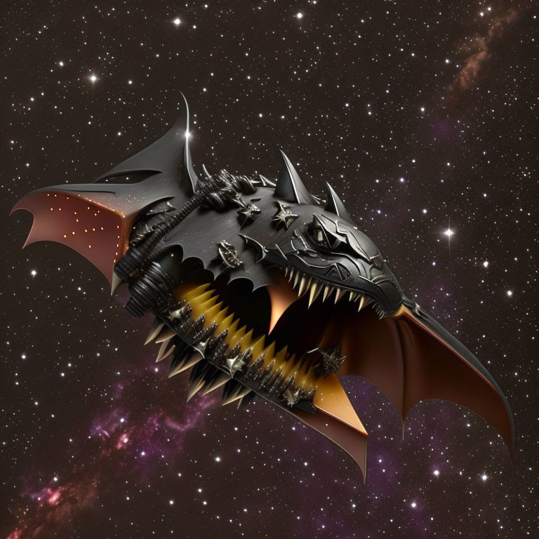 Metallic Mechanical Dragon in 3D Rendering Against Cosmic Sky