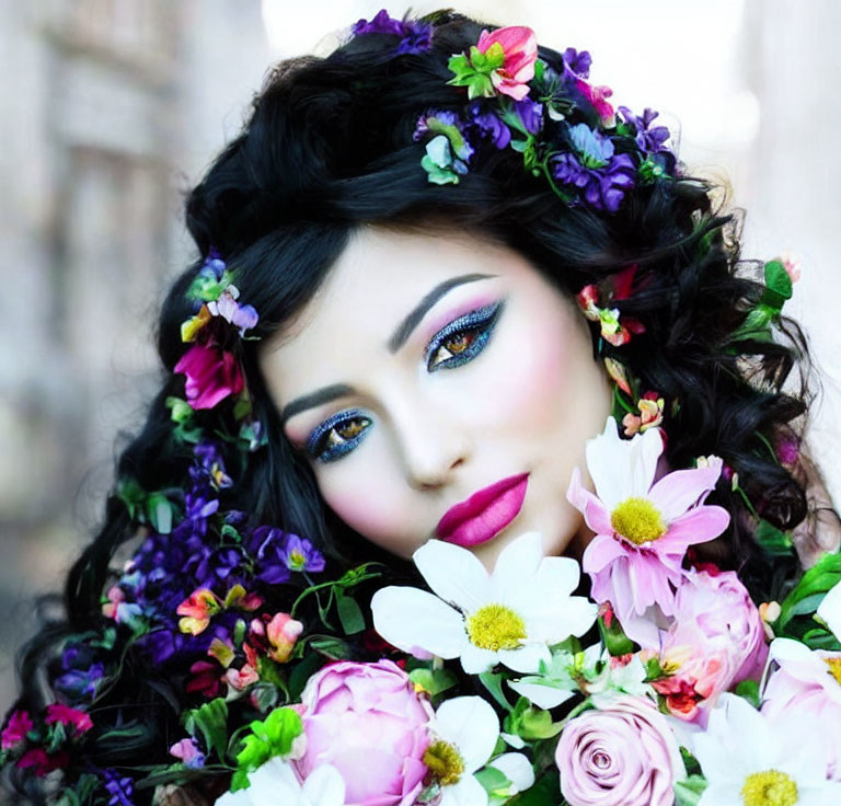 Dark-Haired Woman with Flower Adornments and Colorful Makeup