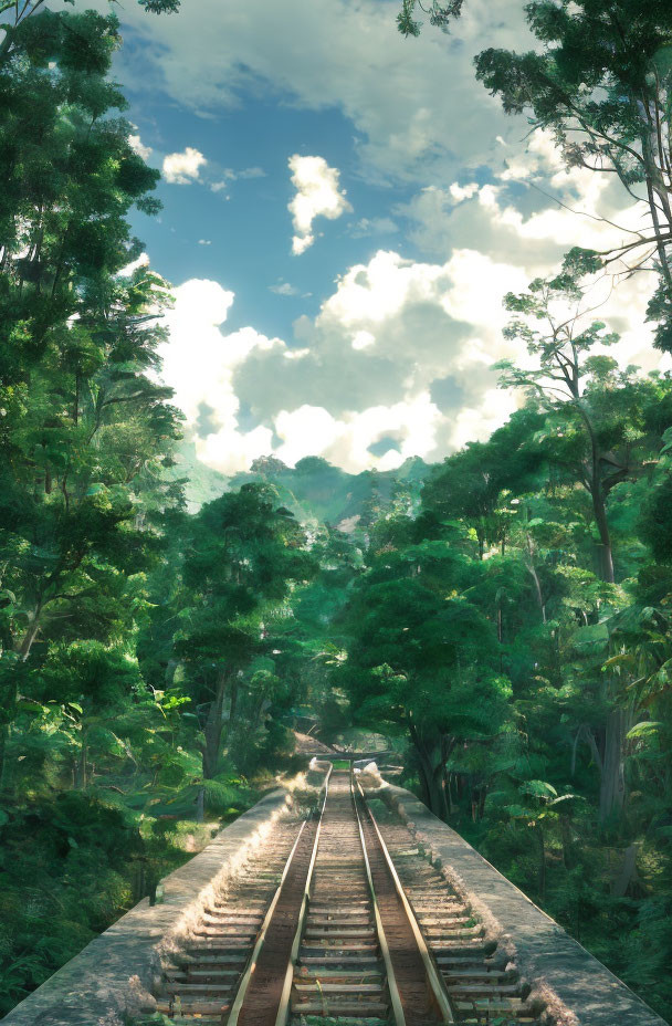 Bridge with railroad tracks in lush green forest under cloudy sky