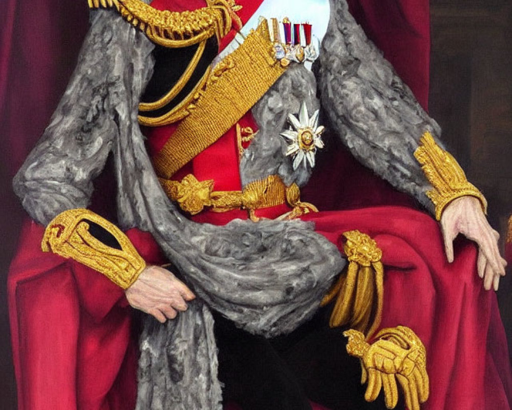 Regal skeletal figure in military attire on throne with red backdrop.