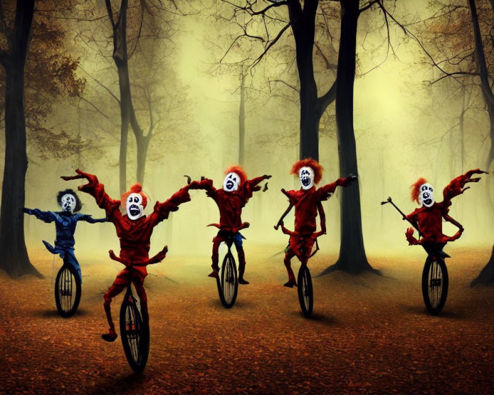 Five skull-faced clowns on unicycles in misty autumn woodland performing balancing acts