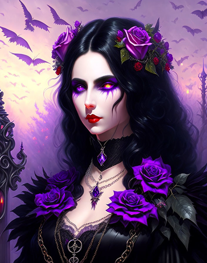 Gothic fantasy art: woman with pale skin, black hair, purple eyes, black dress,