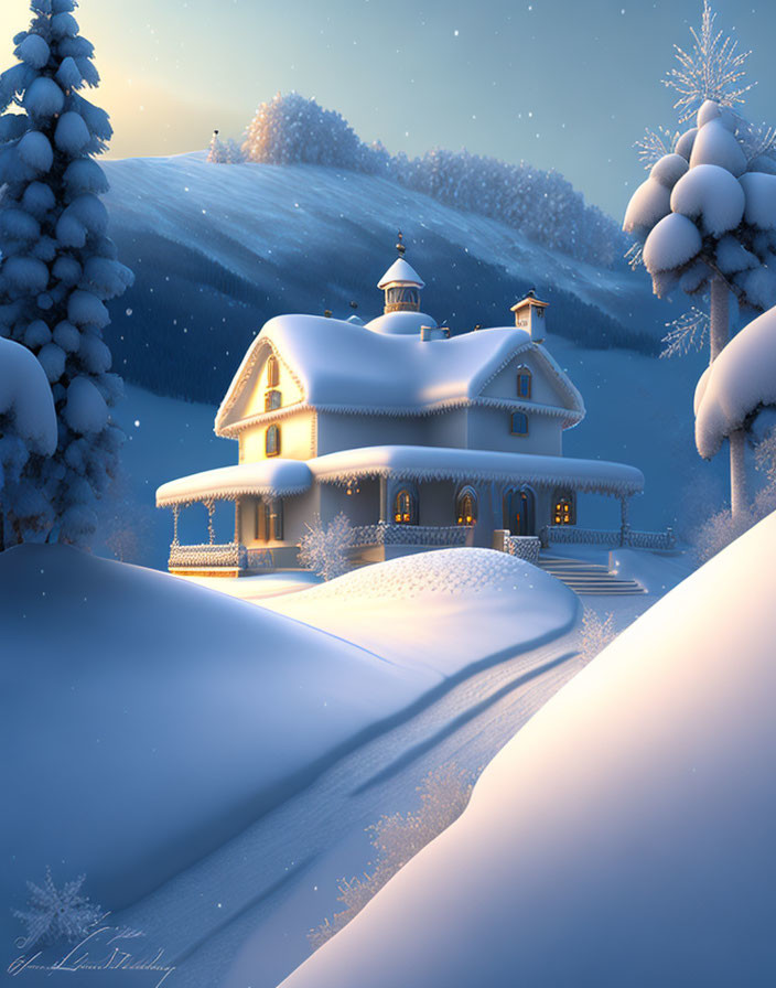 Snow-covered two-story house at twilight with snowy trees and hill.