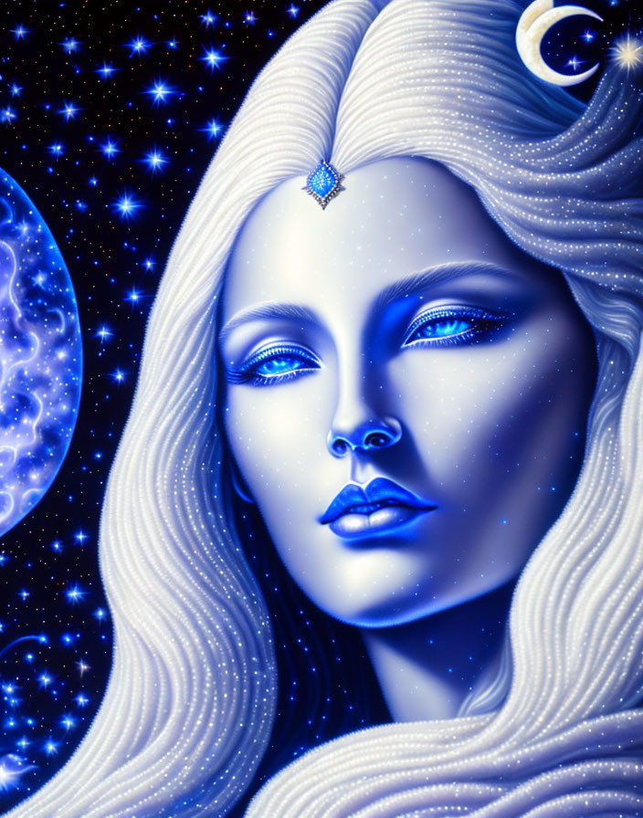 Cosmic-themed woman with blue skin and white hair against starry backdrop