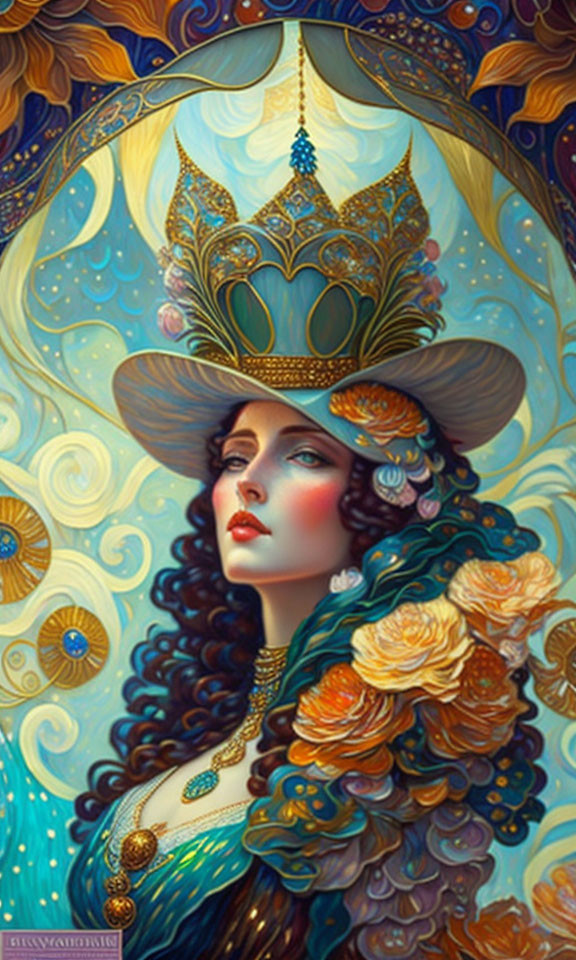 Regal woman with golden crown and ornate jewelry in swirling blue setting.